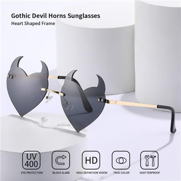 Goth Horns Heart Sunglasses for Women - Rimless 90s Punk Trendy - Picture 2 of 7